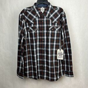 NEW Moonshine Spirit Button Front Shirt Men’s Sz L Long Sleeve Brown Plaid Snaps